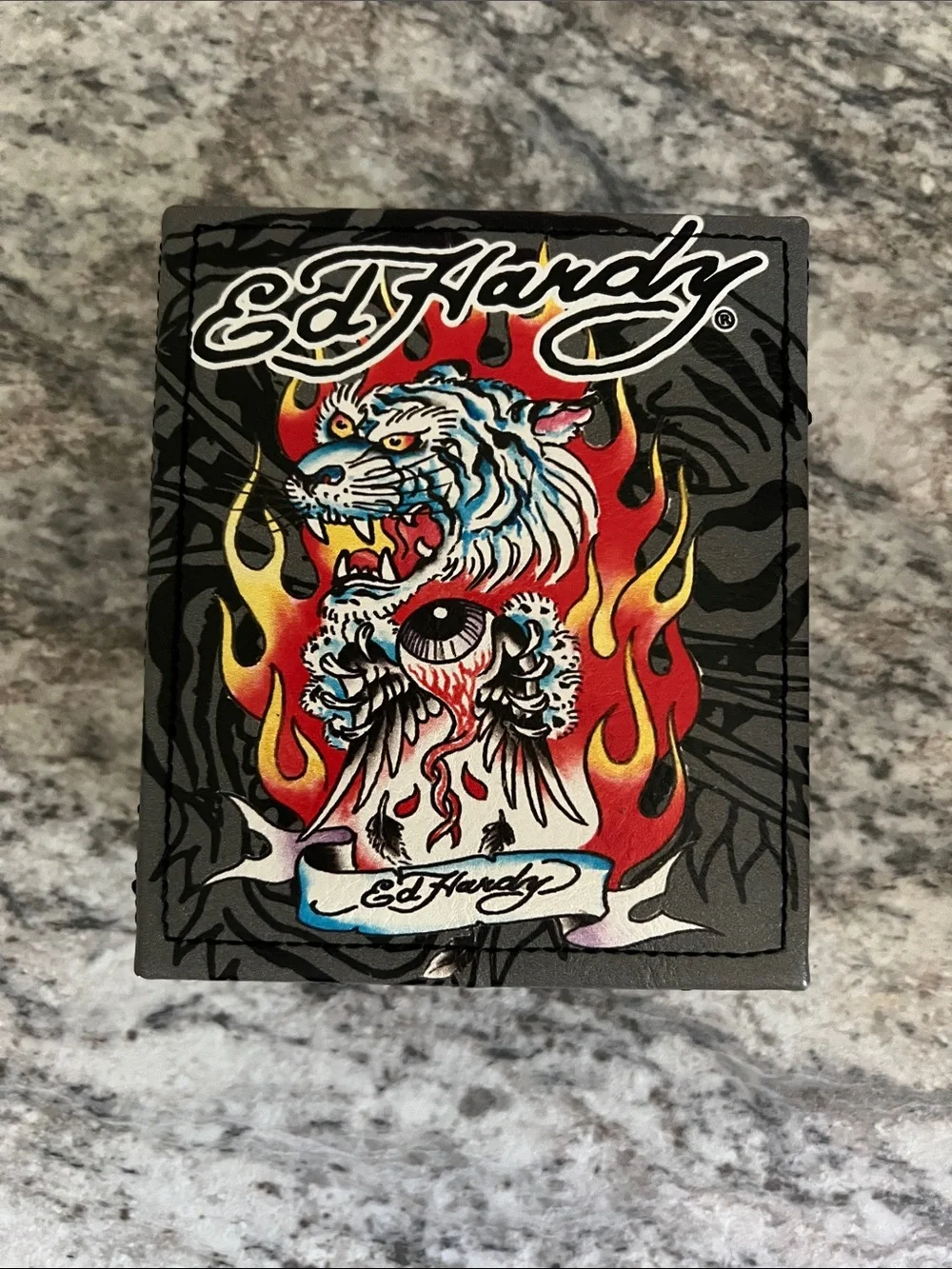 Ed Hardy Men’s Black Wallet with Red and Yellow Tiger Graphic with Gift Box NWT